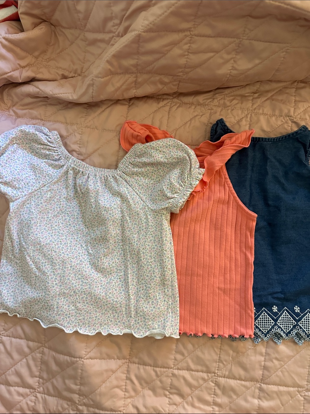 Cat & Jack Floral Top, Coral Ribbed Tank & Old Navy Denim Top Set
